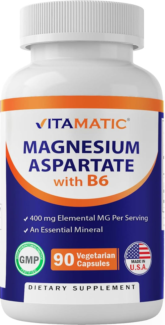 90 Vegetarian Capsules of Vitamatic Magnesium Aspartate with B6 for Enhanced Absorption - Supports Muscle, Joint, and Heart Health - 400mg per Serving