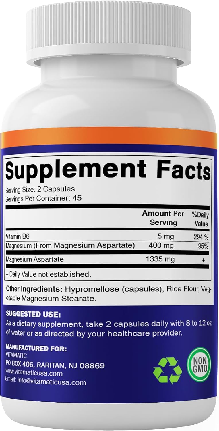 90 Vegetarian Capsules of Vitamatic Magnesium Aspartate with B6 for Enhanced Absorption - Supports Muscle, Joint, and Heart Health - 400mg per Serving