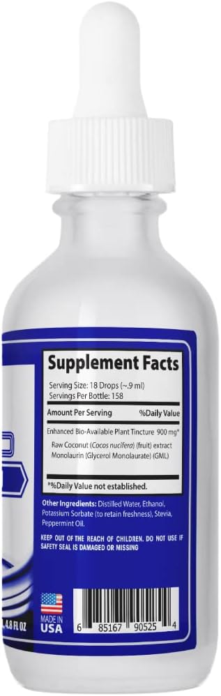900 mg Monolaurin Liquid Extract - 4.8 Oz, 158 Servings, Made in USA - Quick Absorption, Potent Ingredients - Non-GMO, GMP Certified