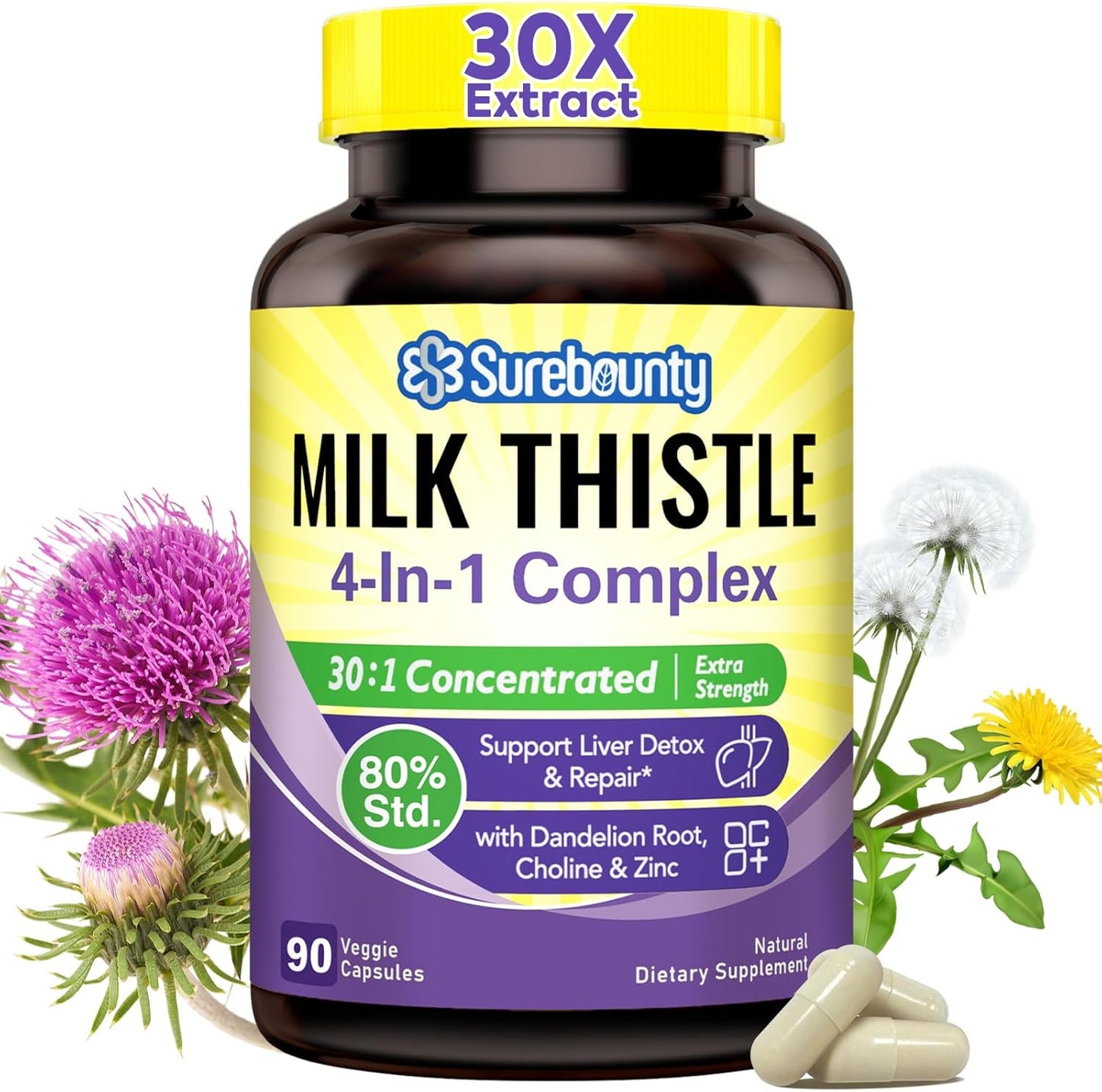 9000mg Milk Thistle Complex with Dandelion, Choline, Zinc - Liver Support Supplement, 90 Veggie Capsules, Non-GMO - 3 Month Supply