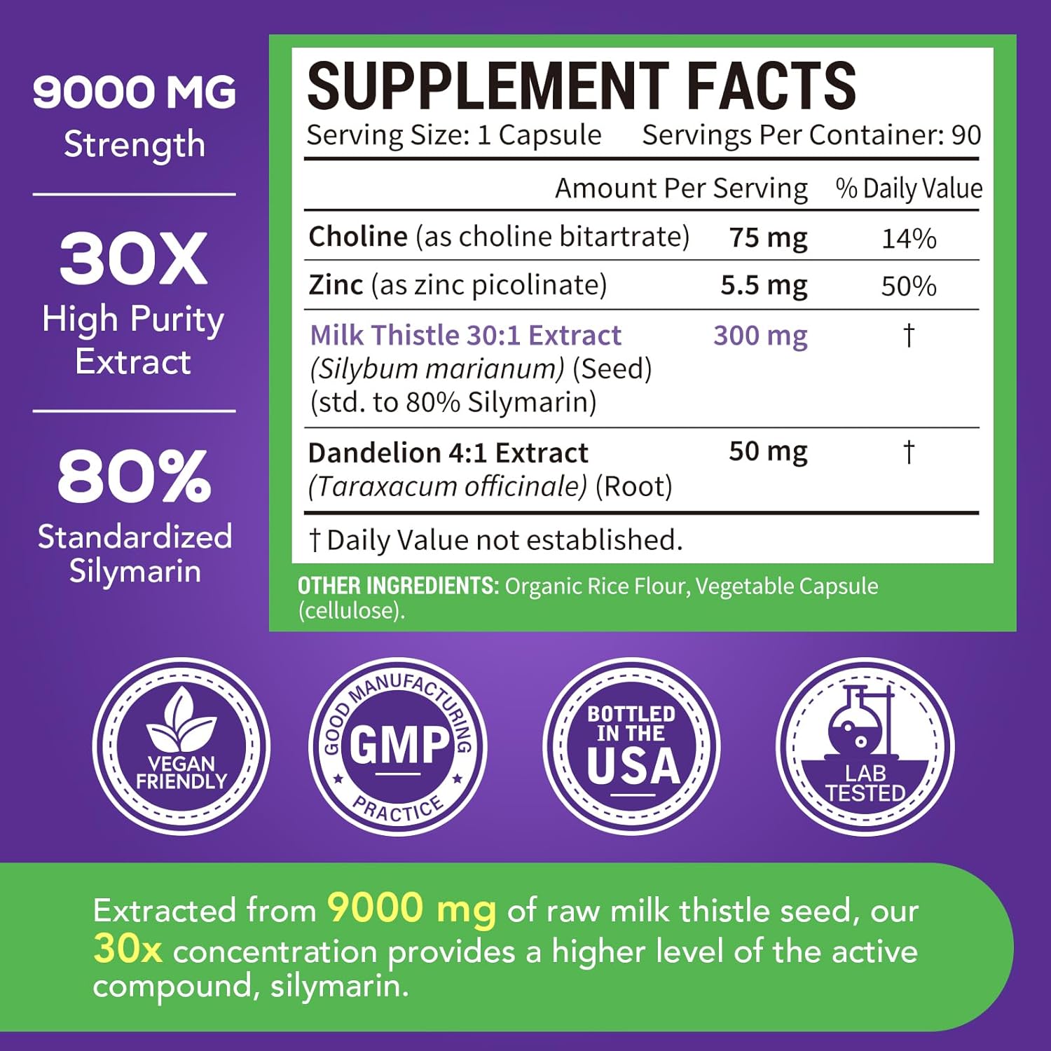 9000mg Milk Thistle Complex with Dandelion, Choline, Zinc - Liver Support Supplement, 90 Veggie Capsules, Non-GMO - 3 Month Supply