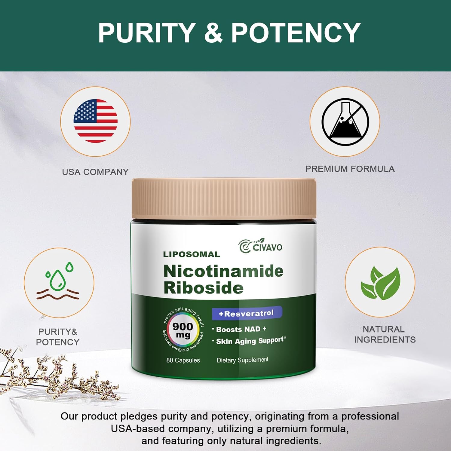 900MG Civavo NAD+ Supplement with Nicotinamide Riboside, Liposomal Resveratrol, and Quercetin for Vitality & Cognitive Function