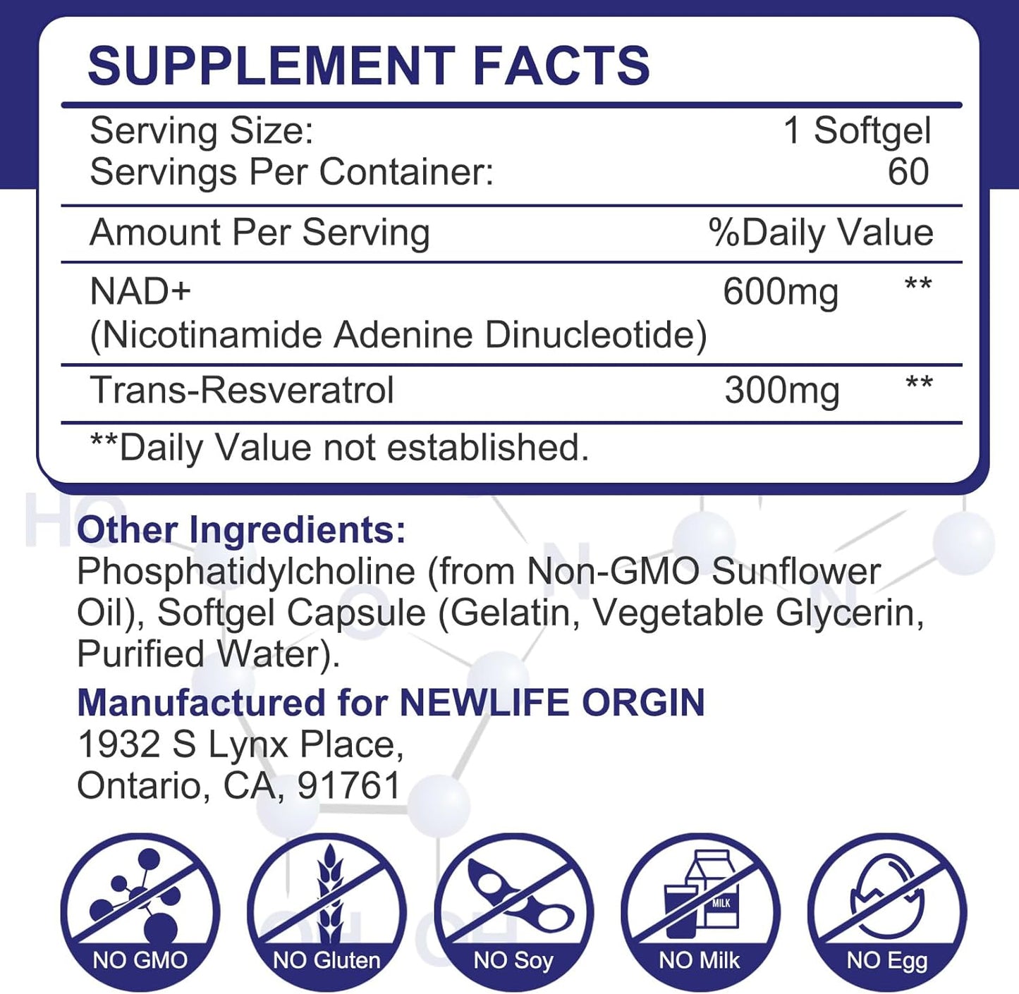 900mg Liposomal NAD+ Supplement with 300mg Trans Resveratrol - DNA Repair, Energy, Longevity - 60 Softgels