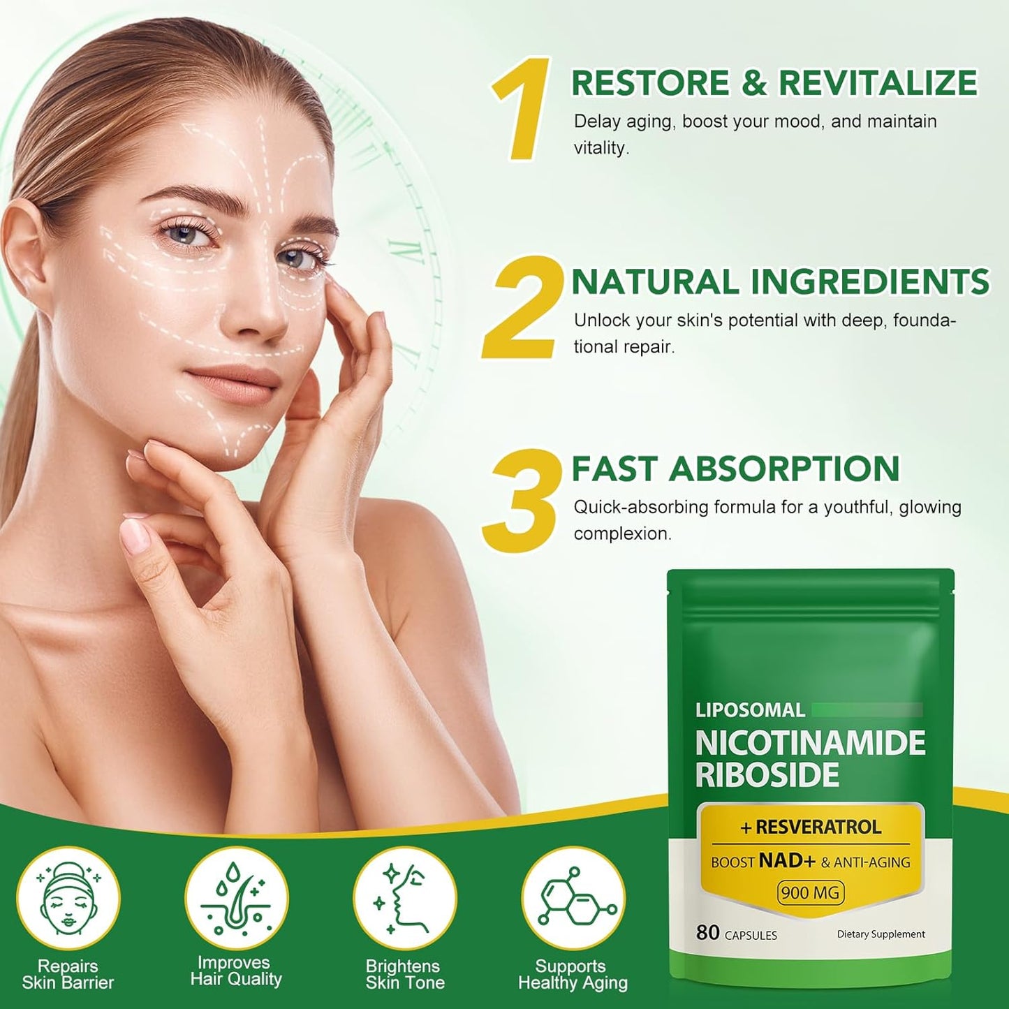 900mg Liposomal NAD Supplement with Resveratrol for Muscle, Brain, and Energy - 80 Capsules (Pack of 1) - Alternative to NMN Supplement for Men and Women