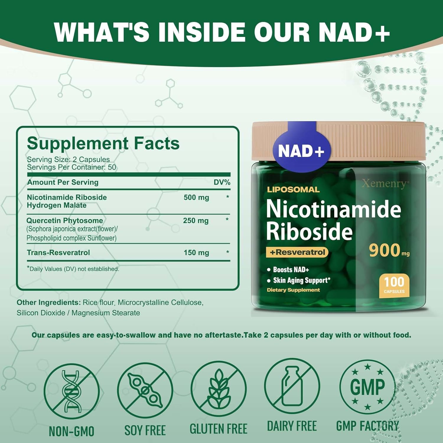 900mg Liposomal Nicotinamide Riboside NAD+ Supplement with Resveratrol & Quercetin - Anti-Aging, Energy, Focus - 100 Capsules, 50 Day Supply