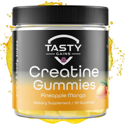 90g Tasty Gains Creatine Gummies - Build Muscle & Boost Strength - Workout Supplements for Men & Women - Made in USA - Non GMO - Vegan Friendly - Pineapple Mango Flavor
