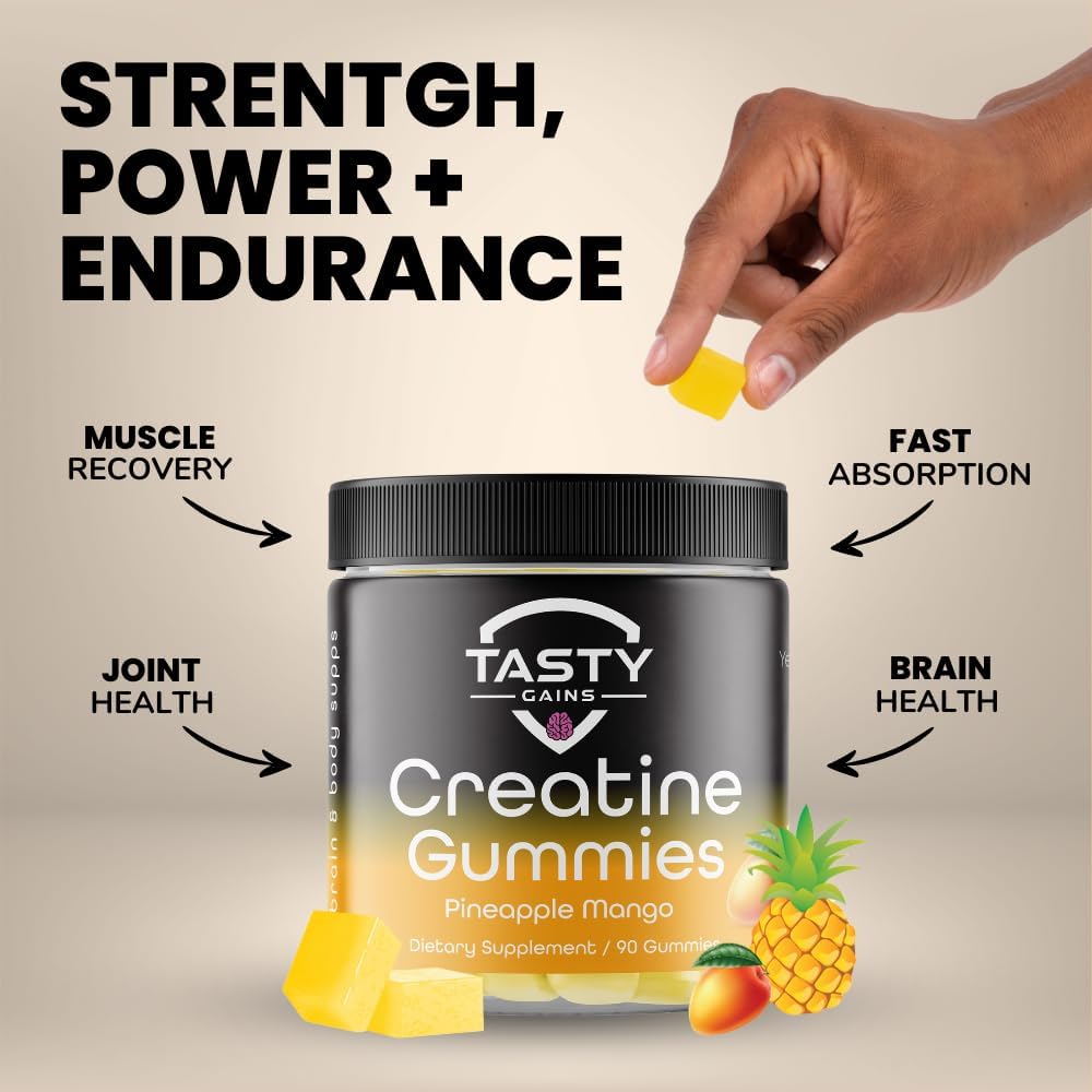 90g Tasty Gains Creatine Gummies - Build Muscle & Boost Strength - Workout Supplements for Men & Women - Made in USA - Non GMO - Vegan Friendly - Pineapple Mango Flavor