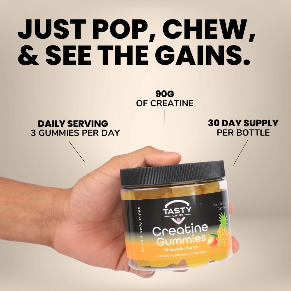 90g Tasty Gains Creatine Gummies - Build Muscle & Boost Strength - Workout Supplements for Men & Women - Made in USA - Non GMO - Vegan Friendly - Pineapple Mango Flavor