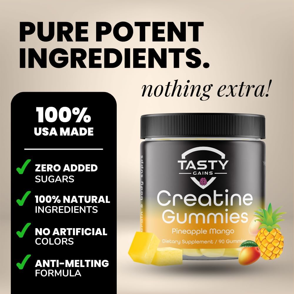 90g Tasty Gains Creatine Gummies - Build Muscle & Boost Strength - Workout Supplements for Men & Women - Made in USA - Non GMO - Vegan Friendly - Pineapple Mango Flavor