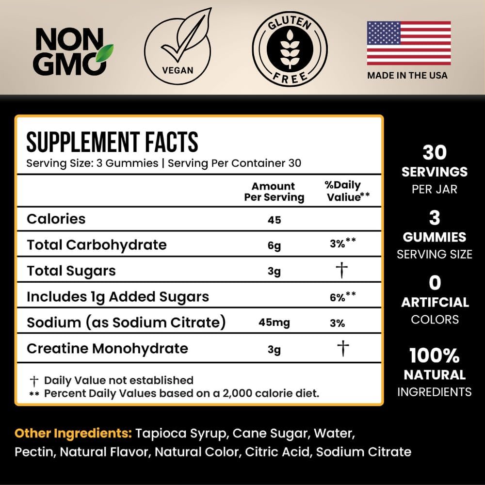 90g Tasty Gains Creatine Gummies - Build Muscle & Boost Strength - Workout Supplements for Men & Women - Made in USA - Non GMO - Vegan Friendly - Pineapple Mango Flavor