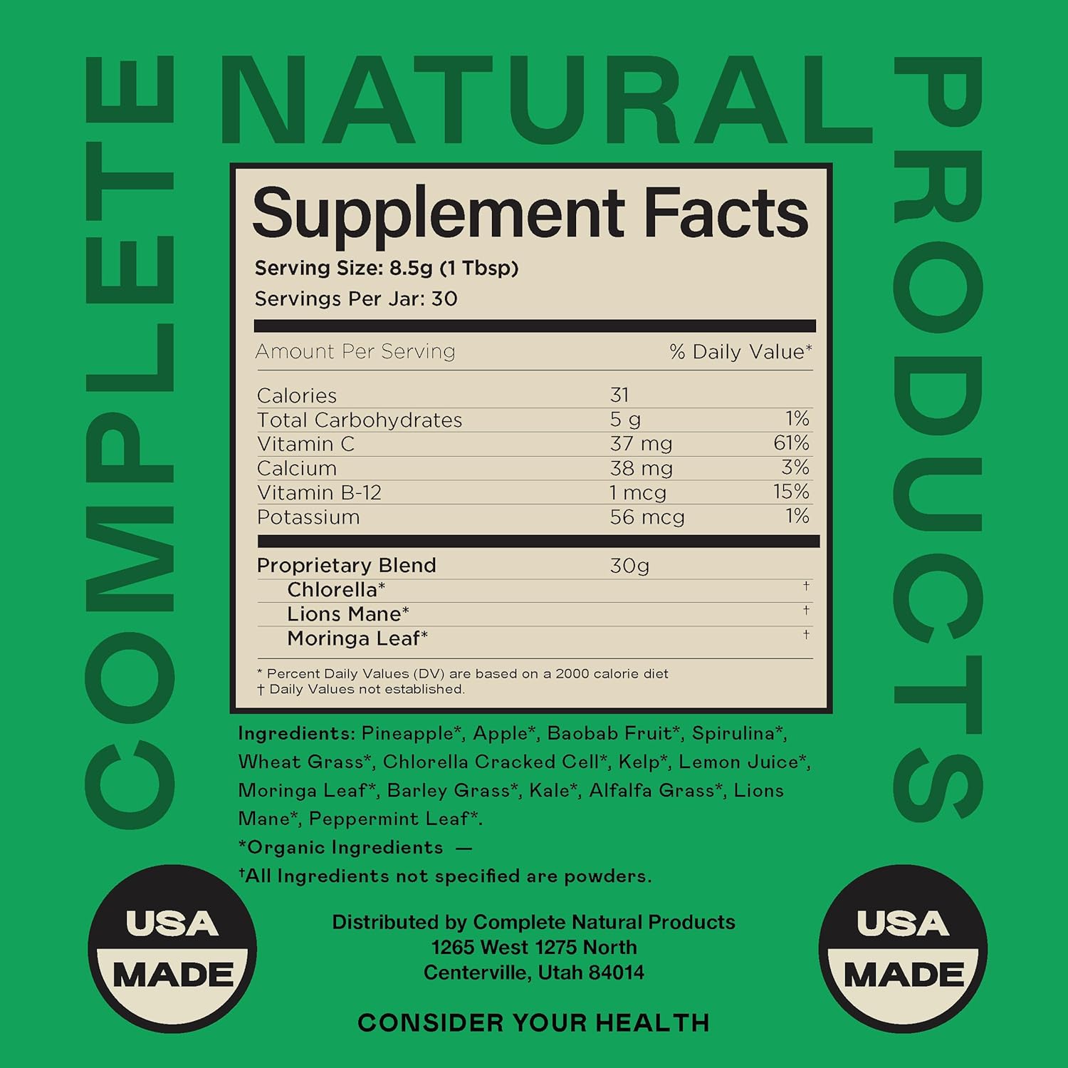 9oz Good Greens Superfood Powder - Complete Natural Healthy Greens Blend - 30 Servings