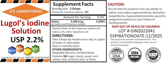 A2Z Organic Lugol's Iodine and Potassium Iodide Solution for Thyroid Support - Liquid Supplement Drops for Metabolism Health - 2 Fl Oz/USA Fast Shipping