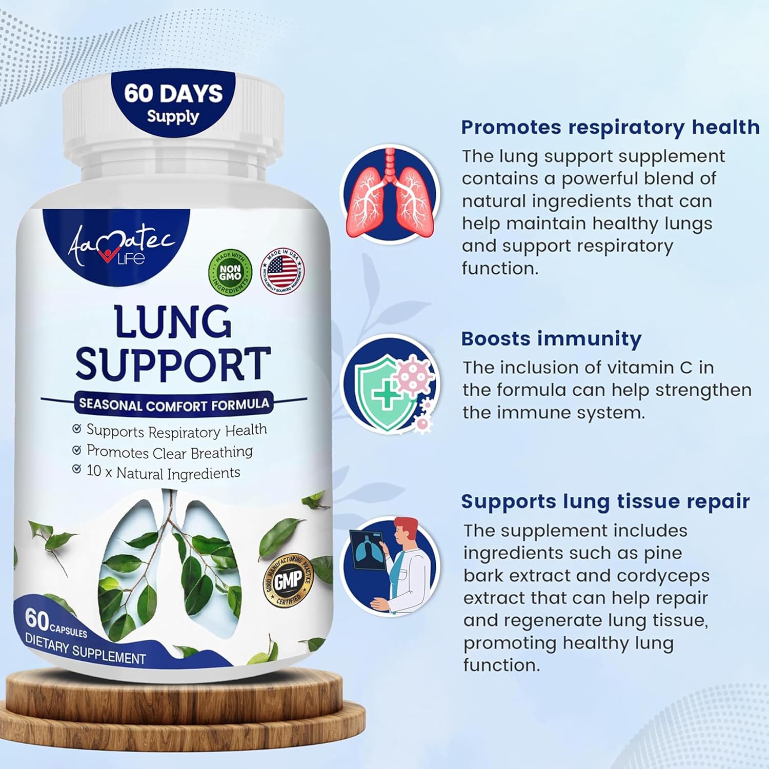 AAMATEC LIFE Lung Support Dietary Supplements - Herbal Formula for Lung Health - 60 Capsules