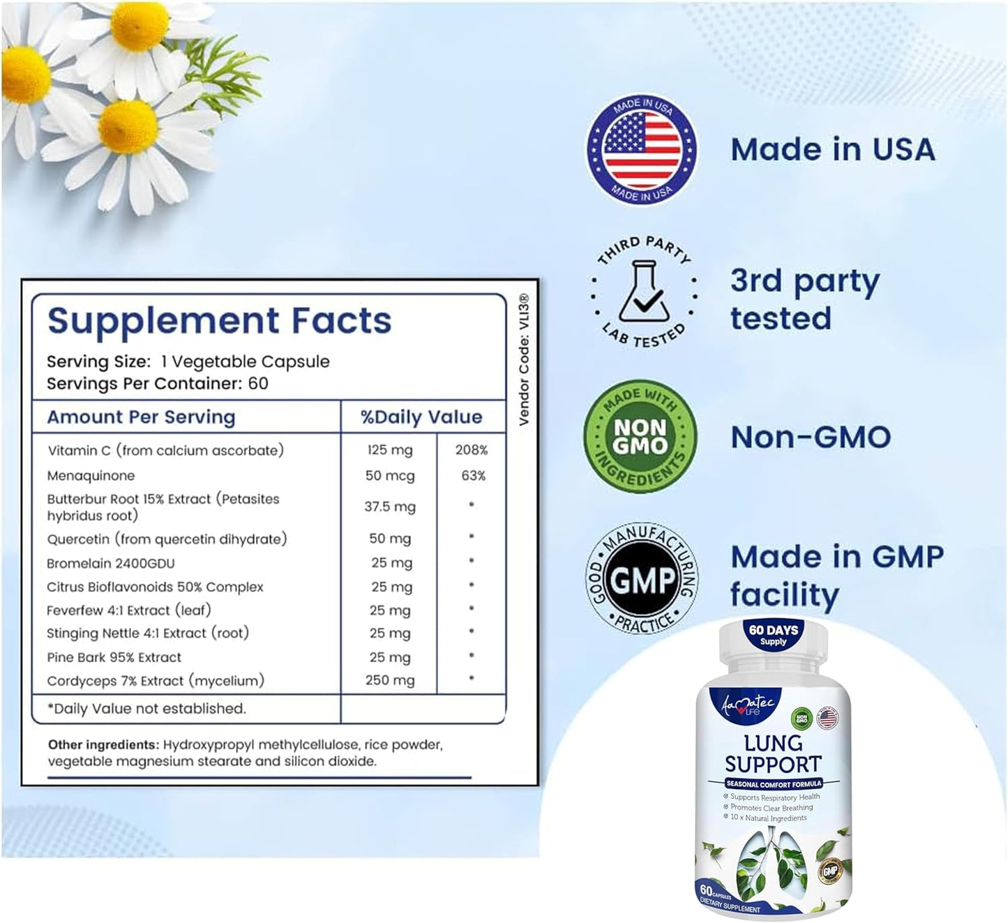 AAMATEC LIFE Lung Support Dietary Supplements - Herbal Formula for Lung Health - 60 Capsules