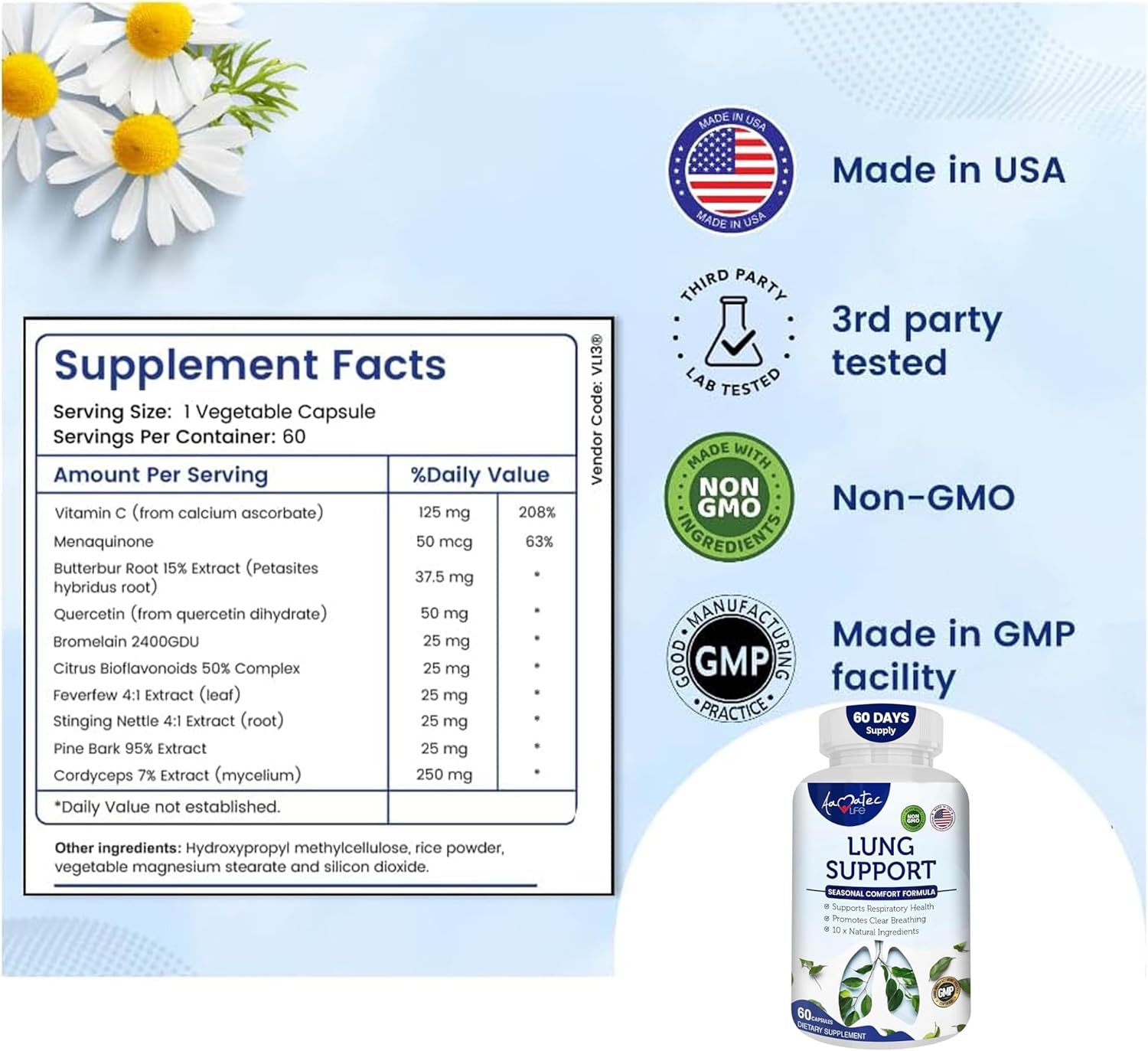 AAMATEC LIFE Lung Support Dietary Supplements - Herbal Formula for Lung Health - 60 Capsules