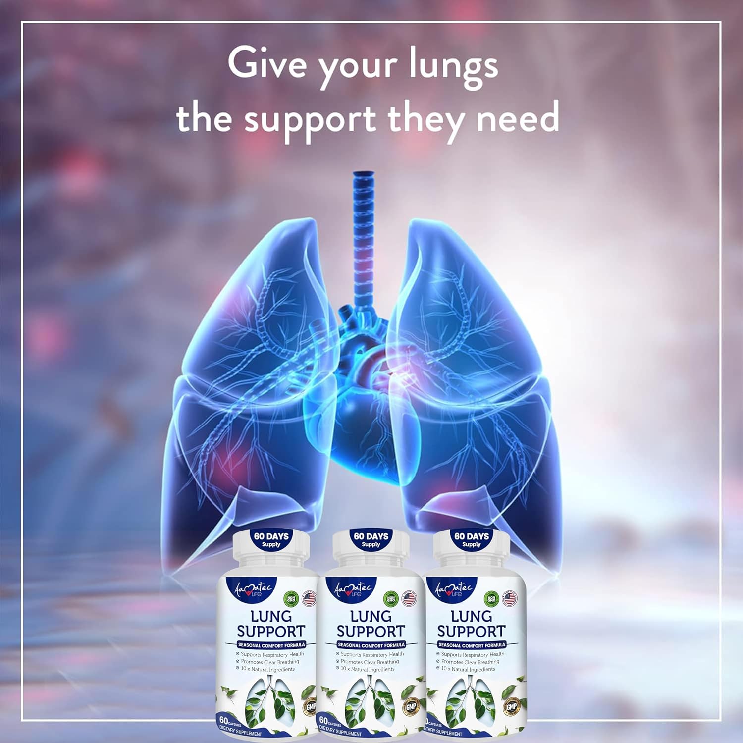 AAMATEC LIFE Lung Support Dietary Supplements - Herbal Formula for Lung Health - 60 Capsules