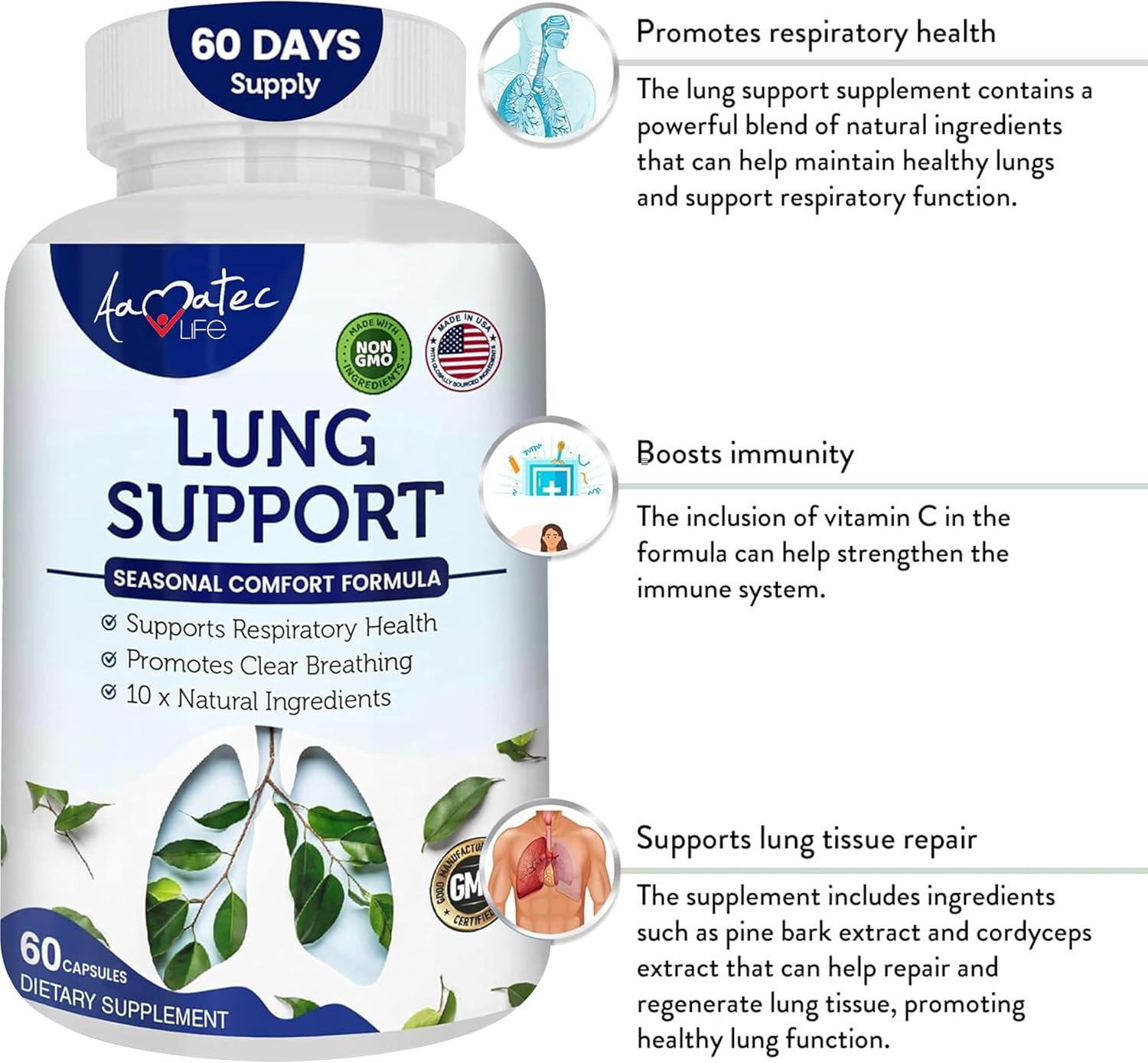 AAMATEC LIFE Lung Support Dietary Supplements - Herbal Formula for Lung Health - 60 Capsules