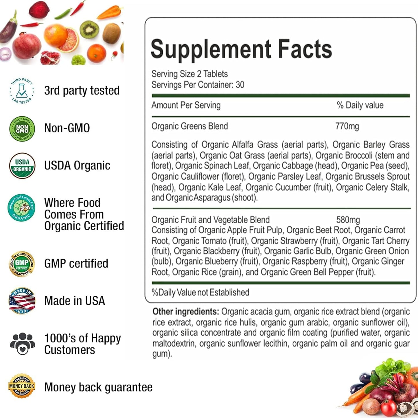 AAMATEC LIFE Organic Superfood Greens Fruits & Veggies Complex - Antioxidant-Rich Dietary Supplement (540 Capsules)