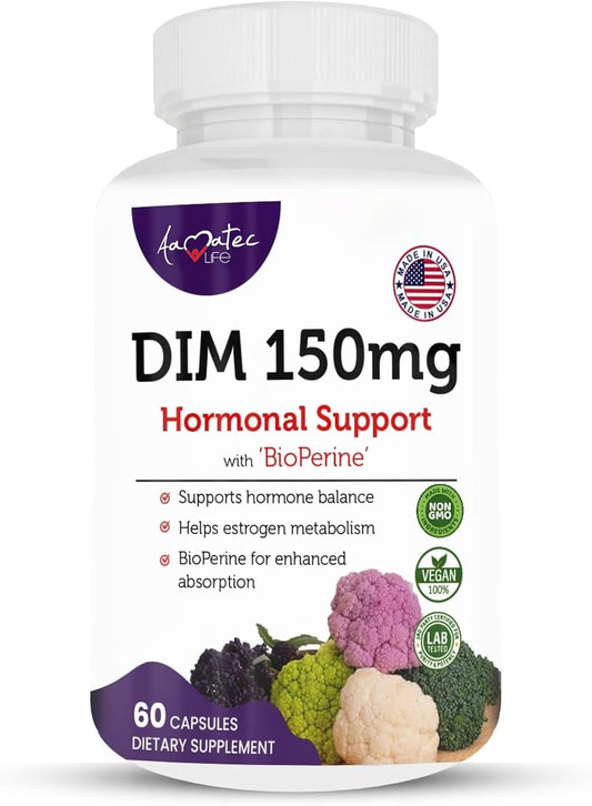AAMATEC LIFE Women’s DIM Complex 150mg with Bioperine for Menopause Relief - Hormonal Acne Supplement - 60 Capsules USA Made