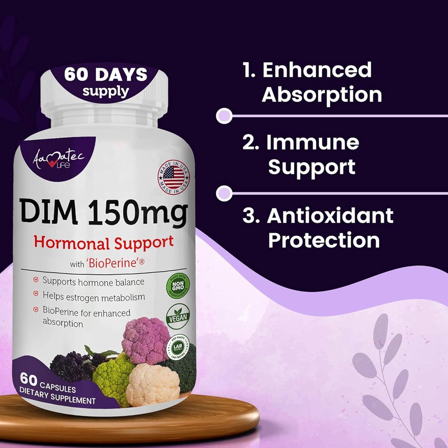 AAMATEC LIFE Women’s DIM Complex 150mg with Bioperine for Menopause Relief - Hormonal Acne Supplement - 60 Capsules USA Made
