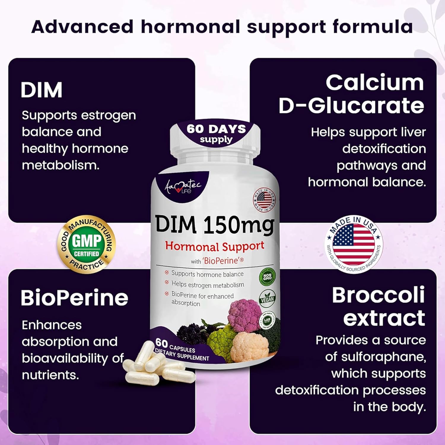 AAMATEC LIFE Women’s DIM Complex 150mg with Bioperine for Menopause Relief - Hormonal Acne Supplement - 60 Capsules USA Made