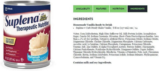 Abbott Suplena Nutritional Supplement with Carb Steady, Vanilla Flavor, 8 oz Can - 24 Cans/Case