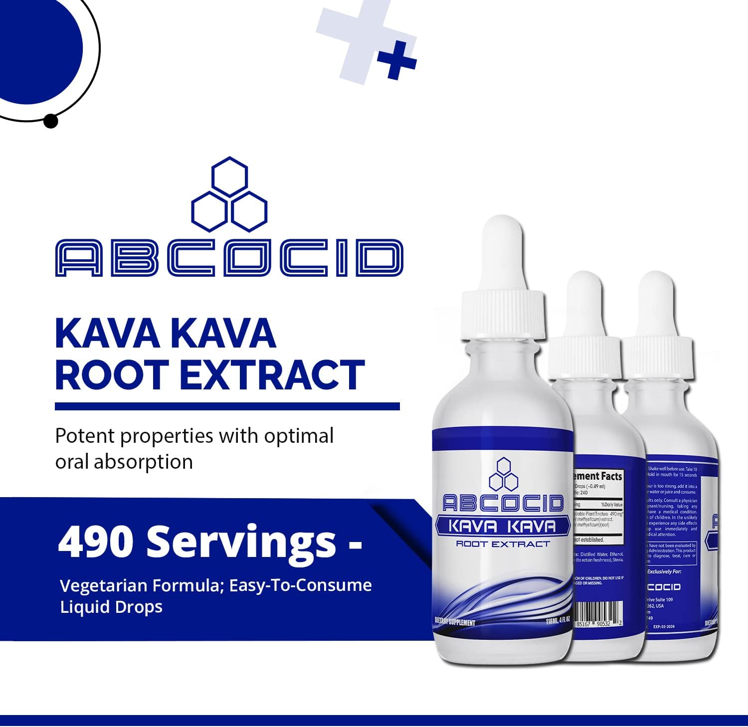 ABCOCID Kava Kava Root Extract Liquid - 490mg, 4oz, 240 Servings - USA Made, Fast Absorption, Potent Ingredients, Third-Party Tested, Non-GMO, GMP Certified, Cruelty-Free