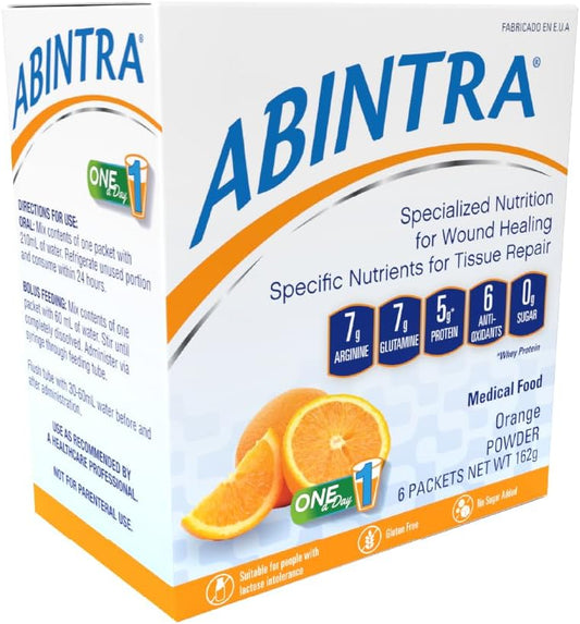 ABINTRA Specialized Wound Healing Supplement - L-Arginine, L-Glutamine, Whey Protein, Vitamins, Minerals - Orange Flavor - 6 Packets - 27g - USA Made
