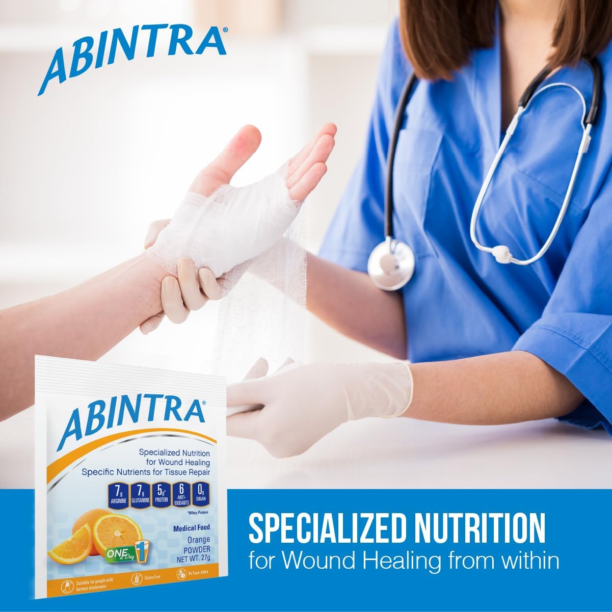 ABINTRA Specialized Wound Healing Supplement - L-Arginine, L-Glutamine, Whey Protein, Vitamins, Minerals - Orange Flavor - 6 Packets - 27g - USA Made