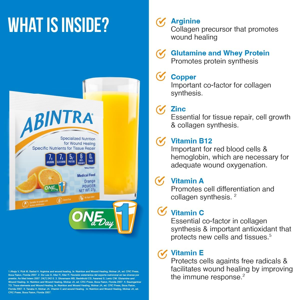 ABINTRA Specialized Wound Healing Supplement - L-Arginine, L-Glutamine, Whey Protein, Vitamins, Minerals - Orange Flavor - 6 Packets - 27g - USA Made