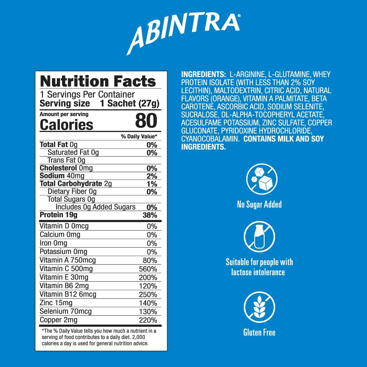 ABINTRA Specialized Wound Healing Supplement - L-Arginine, L-Glutamine, Whey Protein, Vitamins, Minerals - Orange Flavor - 6 Packets - 27g - USA Made