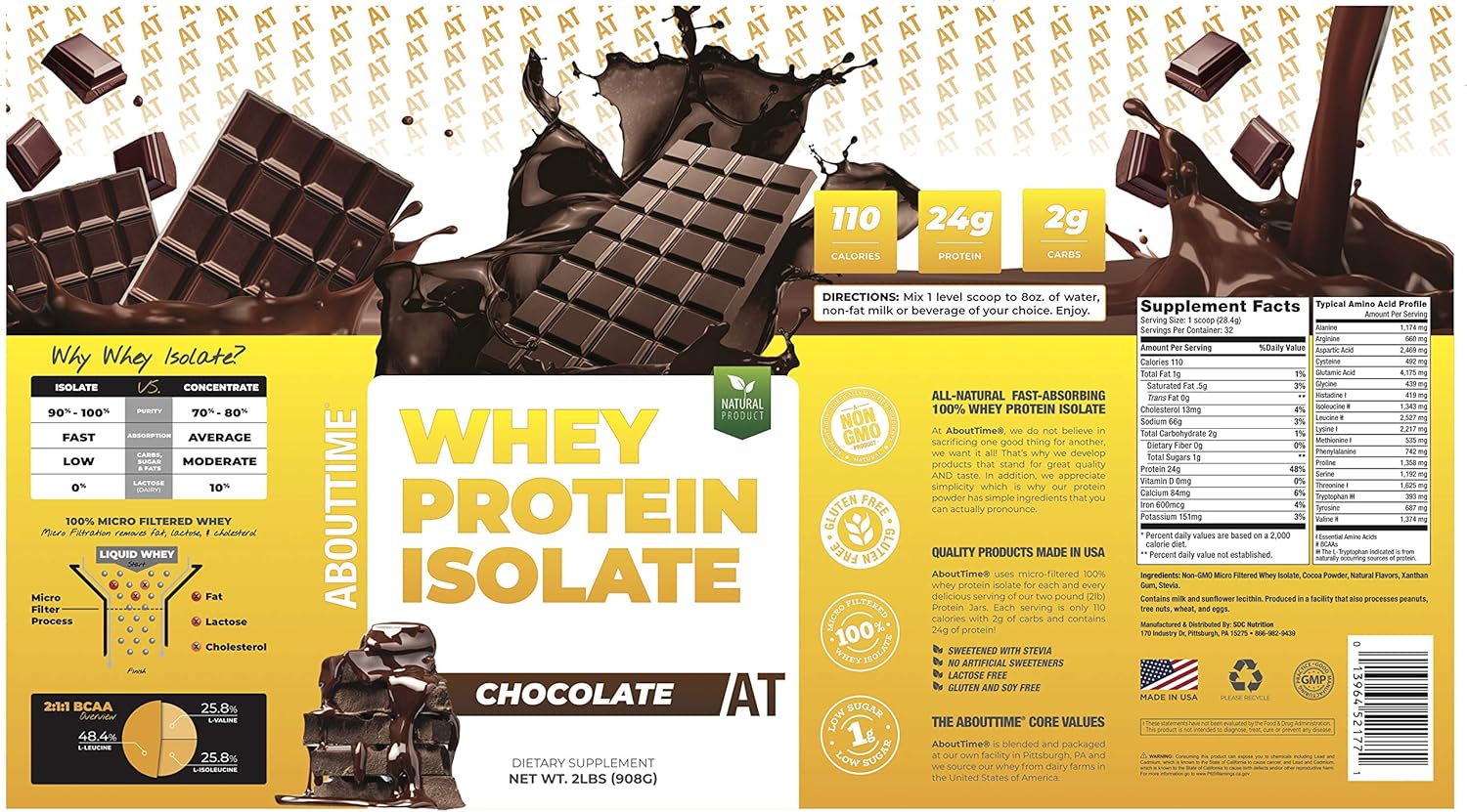 About Time Chocolate Whey Protein Isolate - 2lb, 25g Protein, Non-GMO, Zero Fat & Sugar, No Artificial Sweeteners - 32 Servings