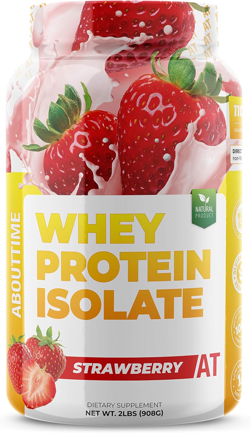 About Time Whey Protein Isolate Strawberry 2lb - 25g Protein, Non-GMO, Zero Fat & Sugars, No Artificial Sweeteners - 32 Servings