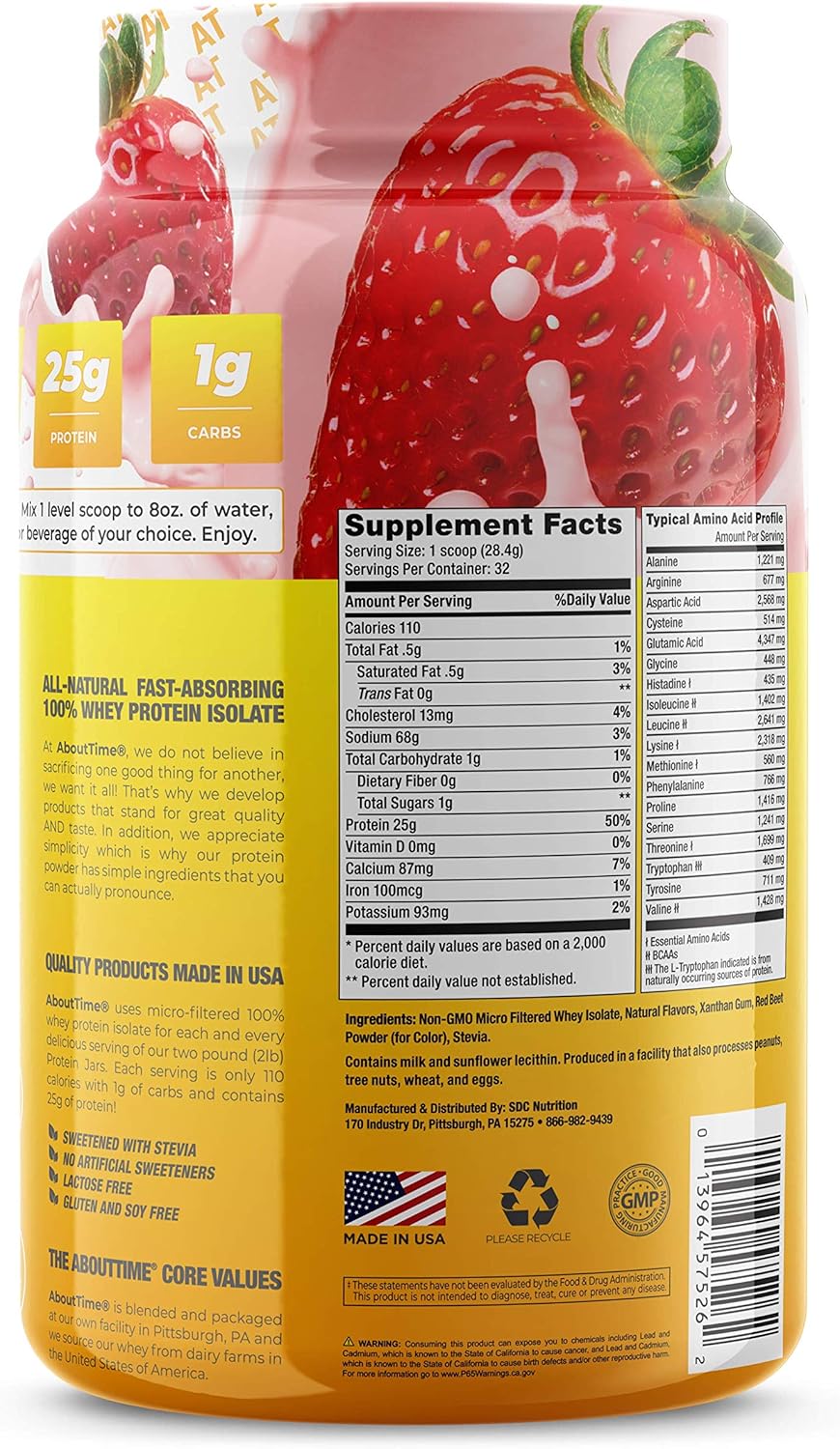 About Time Whey Protein Isolate Strawberry 2lb - 25g Protein, Non-GMO, Zero Fat & Sugars, No Artificial Sweeteners - 32 Servings