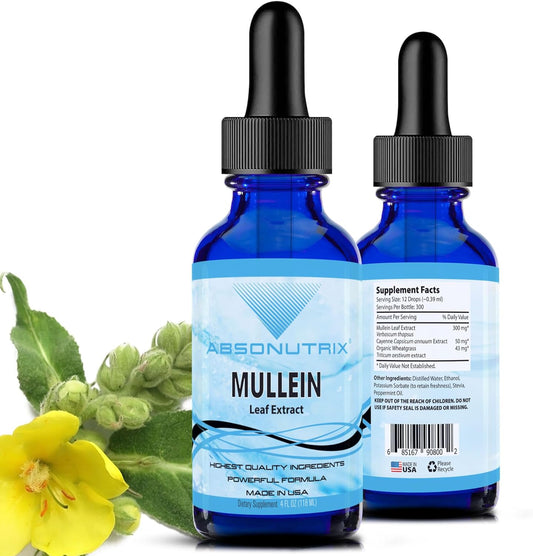 Absonutrix Mullein Liquid Supplement - 4 Oz, 300 Servings, Made in USA, Quick Absorption, Non-GMO, GMP Certified, Cruelty-Free