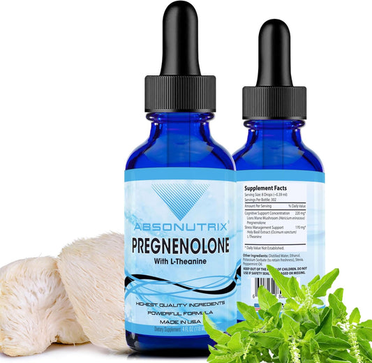 Absonutrix Pregnenolone with L-Theanine Liquid - 390mg, 4oz, 302 Servings - USA Made, Fast Absorption, Non-GMO, GMP Certified