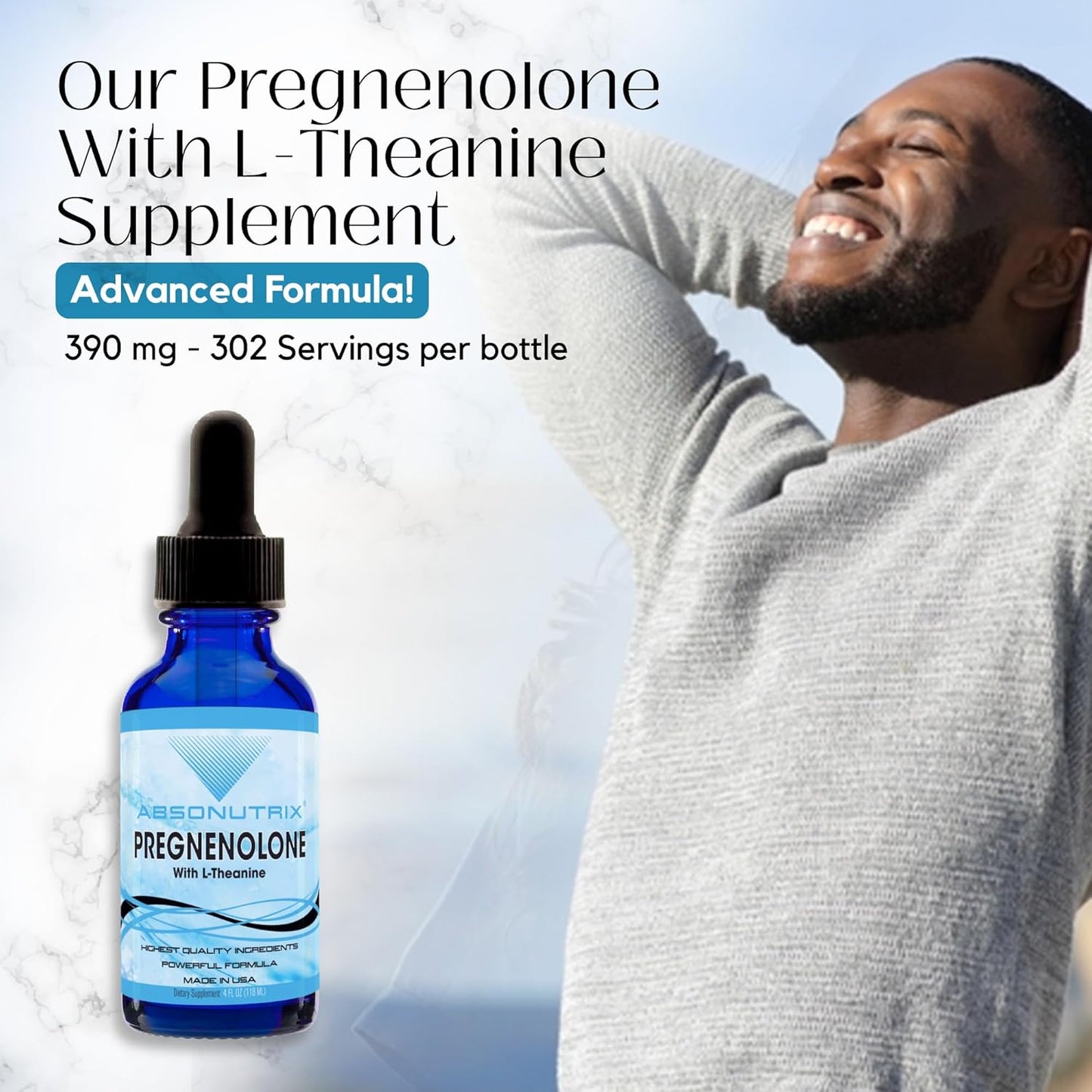 Absonutrix Pregnenolone with L-Theanine Liquid - 390mg, 4oz, 302 Servings - USA Made, Fast Absorption, Non-GMO, GMP Certified