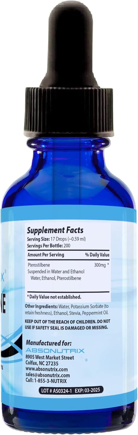 Absonutrix Pterostilbene Liquid Drops - 300mg, 4 fl oz - High Bioavailability, Third-Party Tested, Made in USA - Non-GMO
