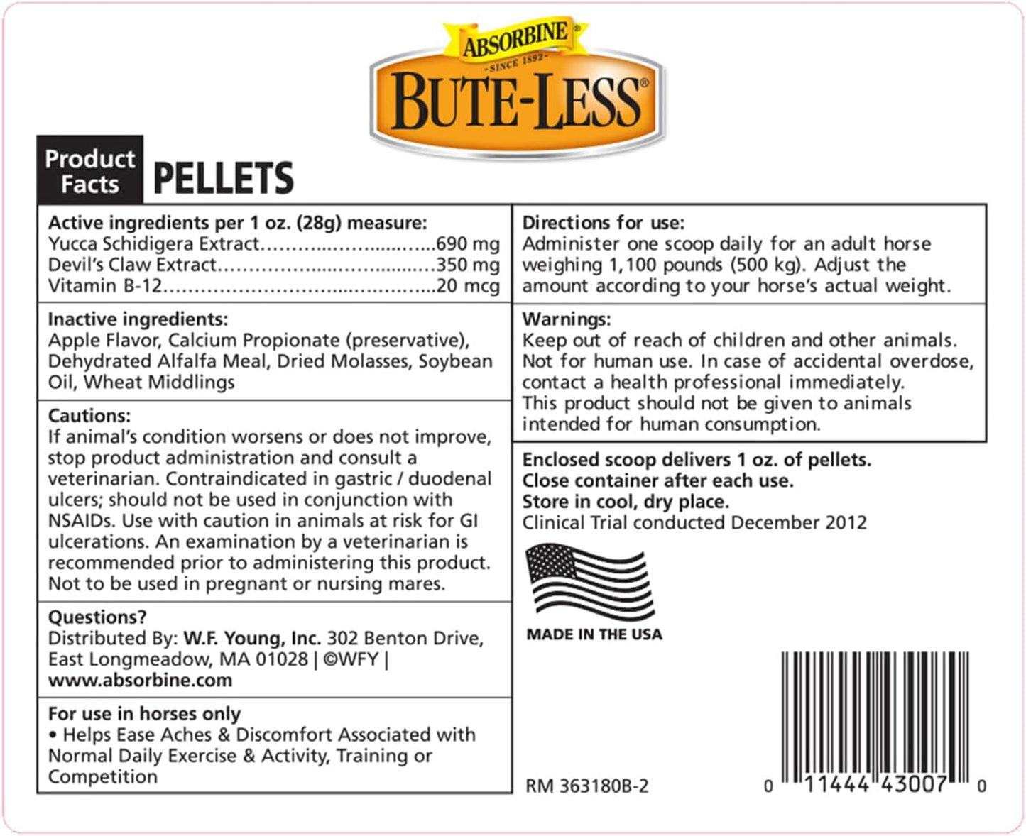 Absorbine Bute-Less Supplement: Supports Comfort & Recovery, Gentle on Stomach, Contains Devil’s Claw, Vitamin B-12, Yucca - 10 lb / 160 Days