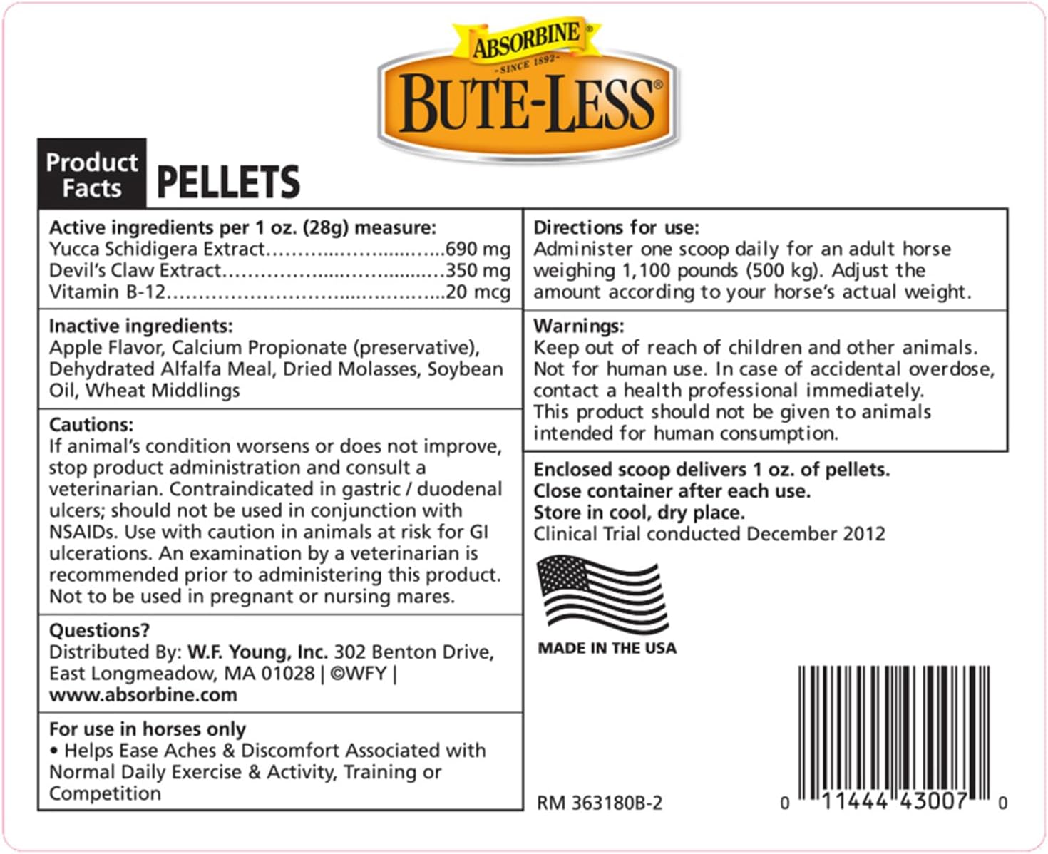 Absorbine Bute-Less Supplement: Supports Comfort & Recovery, Gentle on Stomach, Contains Devil’s Claw, Vitamin B-12, Yucca - 10 lb / 160 Days