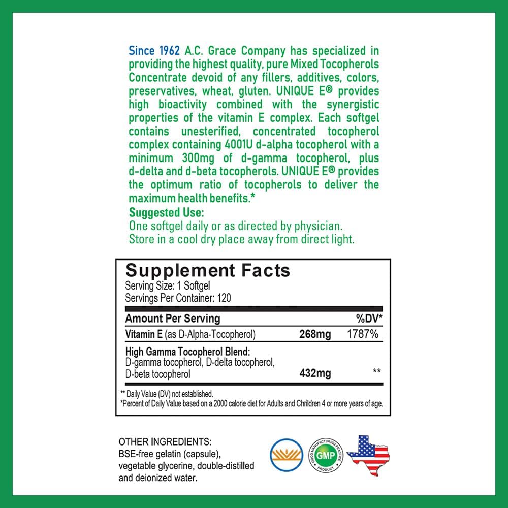 A.C. Grace Company Vitamin E Soft Gels for Brain Health, General Wellness, and Aging Support - All-Natural and Kosher Formula