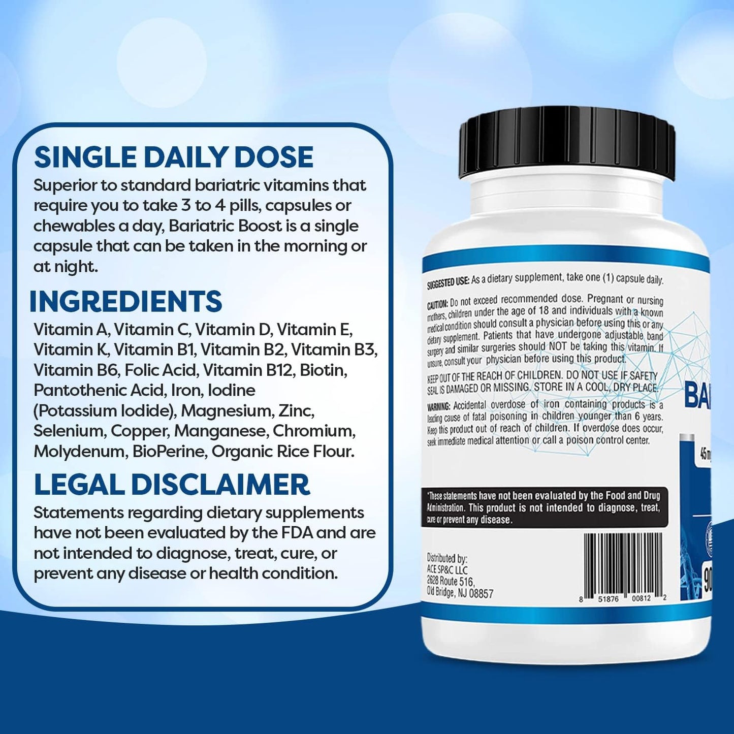 ACE NUTRITION Bariatric Boost One-A-Day Multivitamin - 90 Day Supply with Iron | Non-GMO, Gluten Free, Made in USA