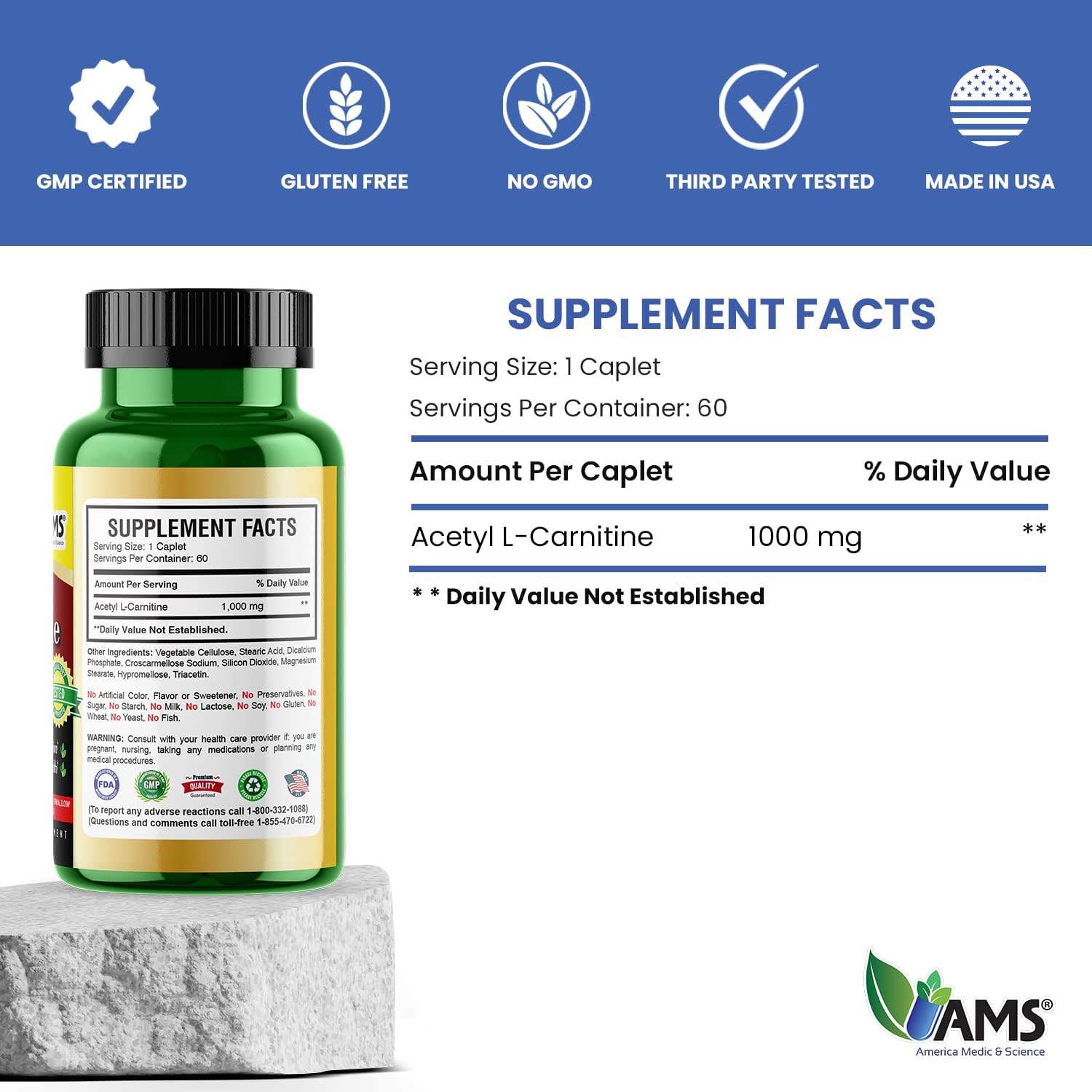 Acetyl L-Carnitine 1000mg Dietary Supplement Tablets for Energy, Brain Health, Memory, and Focus - 60 Count