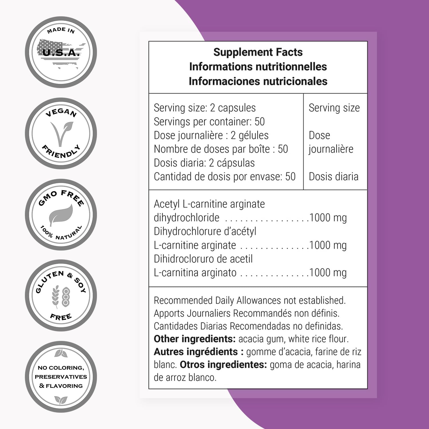 Acetyl L Carnitine Arginate 1000mg - Brain Boosting Amino Acid Supplement - Non-GMO & Gluten Free - 120 Capsules