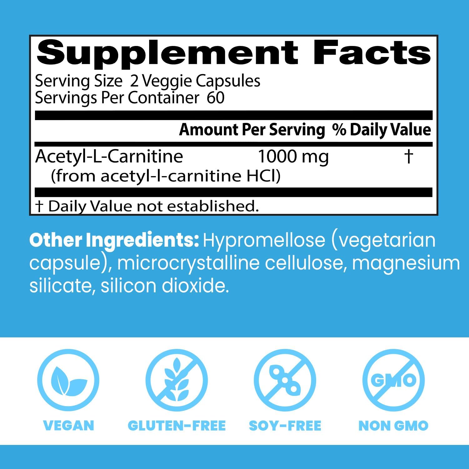 Acetyl-L-Carnitine Supplement for Mental Focus & Alertness - Non-GMO, Gluten Free, Vegan Veggie Caps - 120 Count