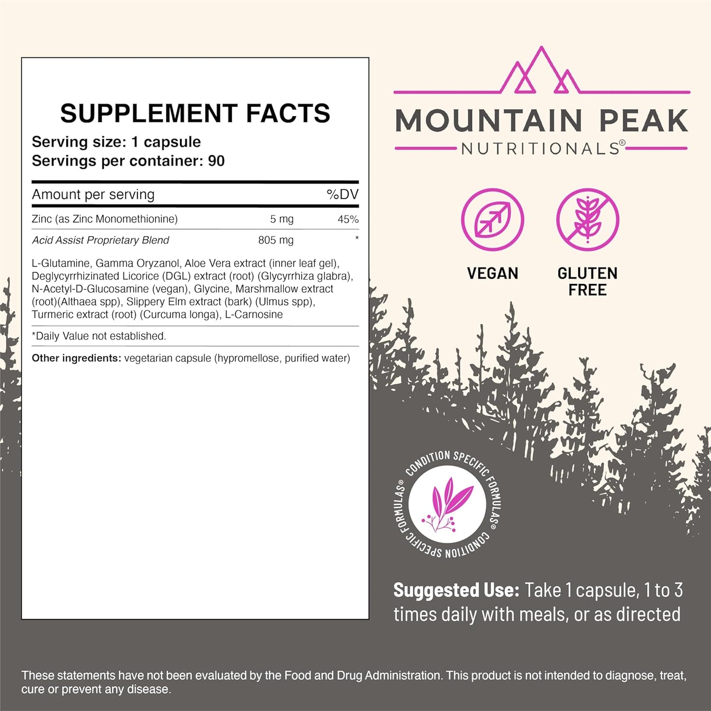 Acid Assist Formula by Mountain Peak Nutritionals - Gastrointestinal Support Supplement for Heartburn & Stomach Acid Relief - Hypoallergenic Dietary Supplement (90 Capsules)