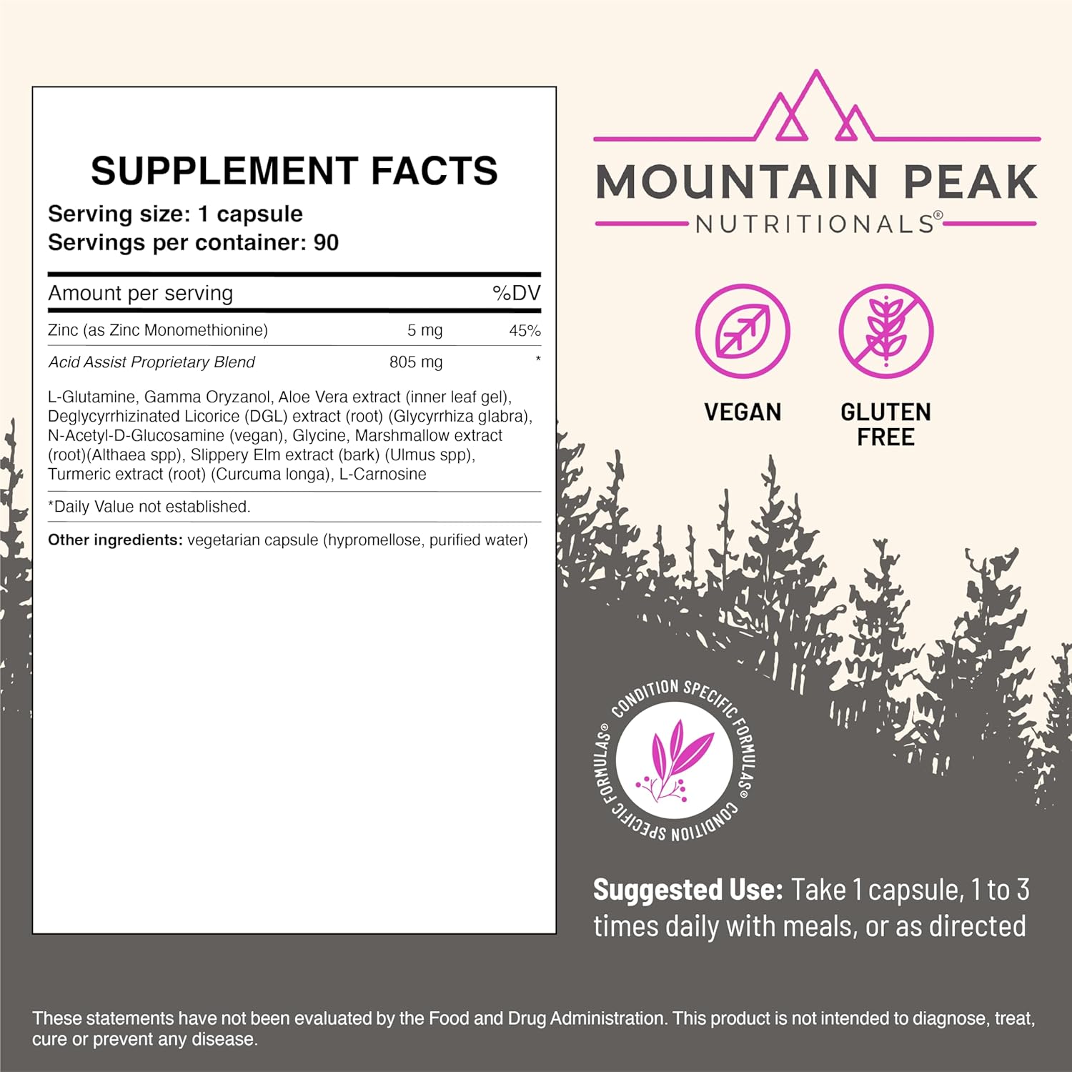Acid Assist Formula by Mountain Peak Nutritionals - Gastrointestinal Support Supplement for Heartburn & Stomach Acid Relief - Hypoallergenic Dietary Supplement (90 Capsules)