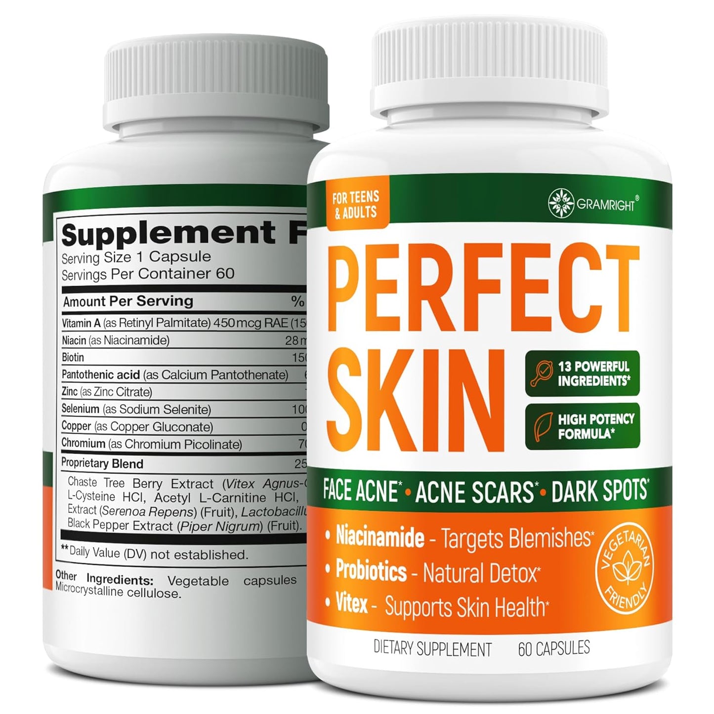 Acne Clear Skin Supplements with Biotin, Zinc, Vitamin A & Niacin - Scar Treatment Pills - Cystic Acne Remedy with Probiotics - USA Made - 60 Capsules