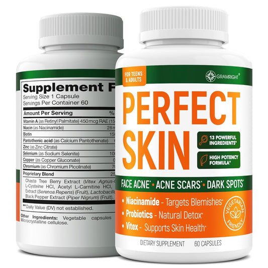 Acne Clear Skin Supplements with Biotin, Zinc, Vitamin A & Niacin - Scar Treatment Pills - Cystic Acne Remedy with Probiotics - USA Made - 60 Capsules