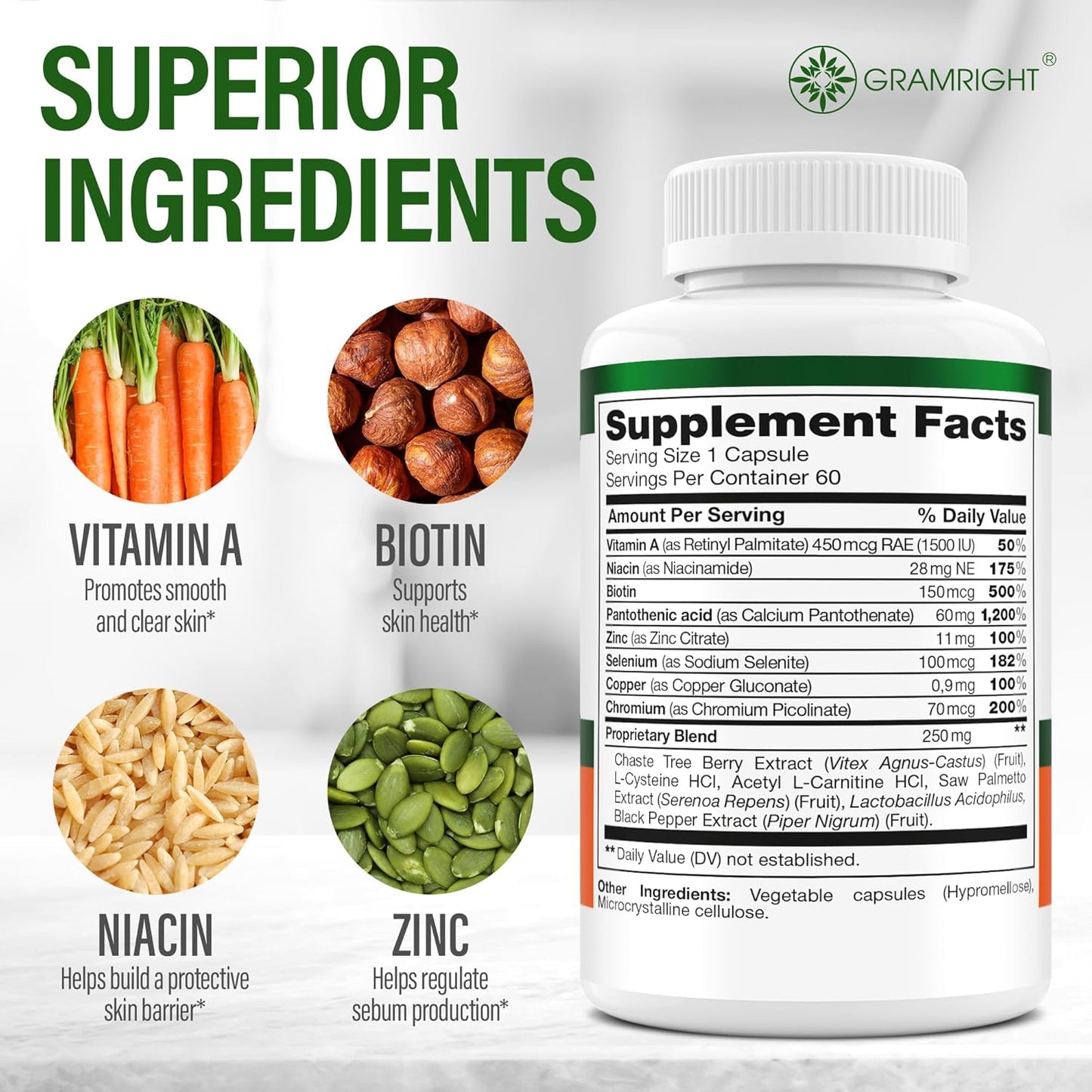 Acne Clear Skin Supplements with Biotin, Zinc, Vitamin A & Niacin - Scar Treatment Pills - Cystic Acne Remedy with Probiotics - USA Made - 60 Capsules